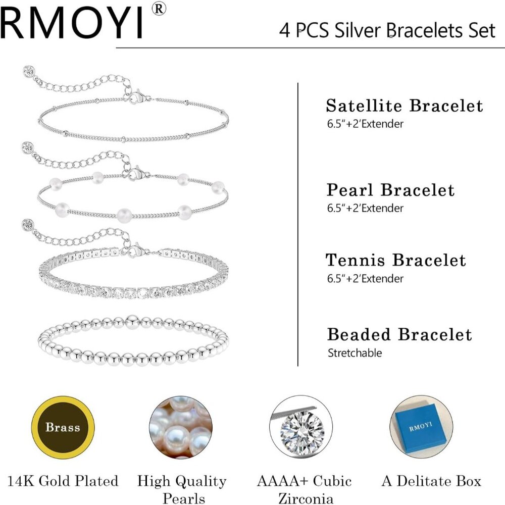 Pearl Silver Gold 4 Pcs Bracelets Stack Dainty Je… - image 4